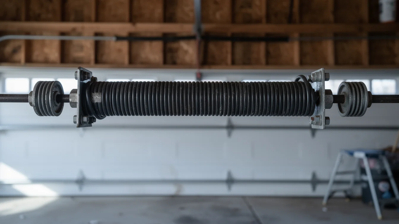 A torsion spring is mounted on a metal rod above a white garage door.