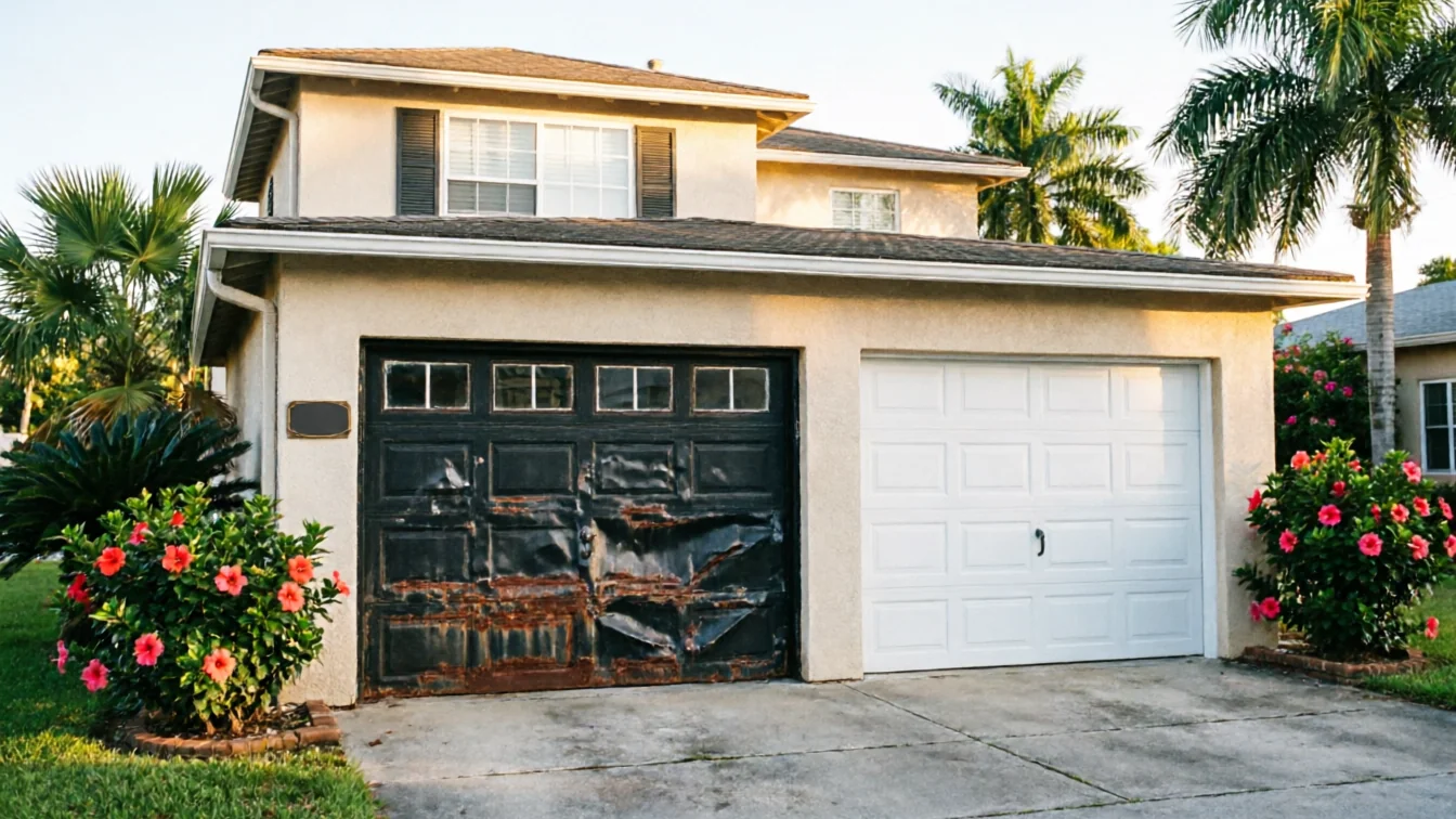 A house with a damaged black garage door and a white garage door.