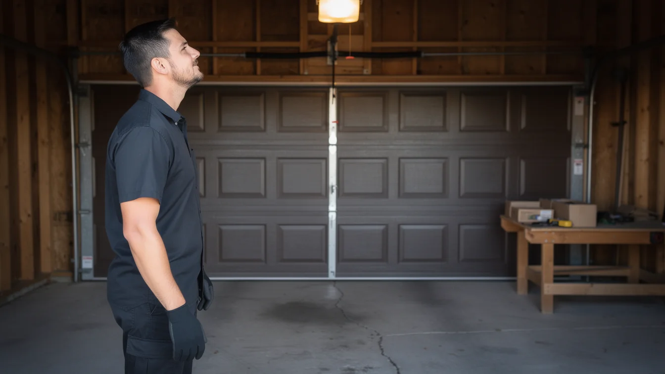 A technician in a black shirt and gloves looks up at a closed brown garage door.