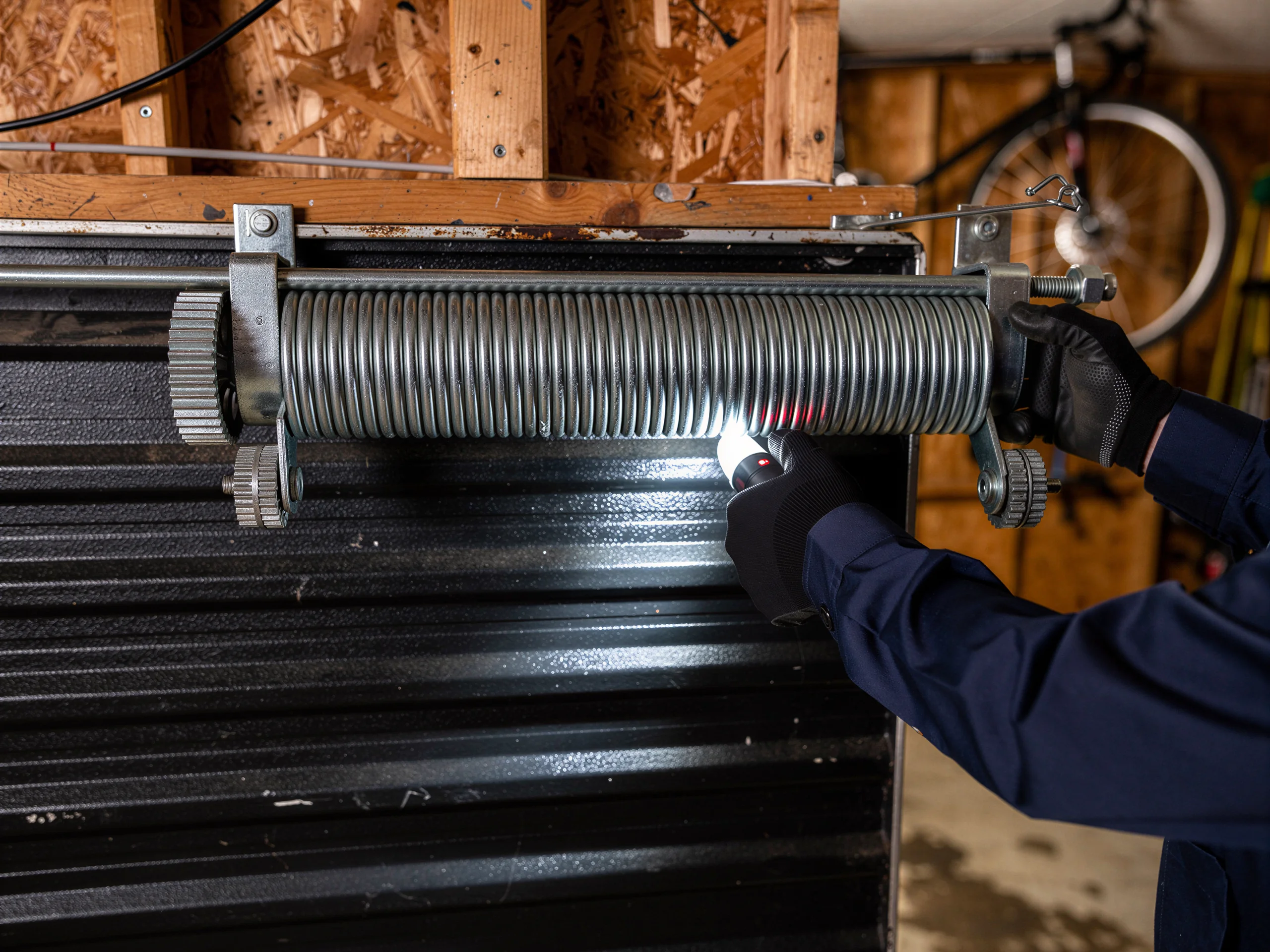 A technician's gloved hands adjust a garage door torsion spring with a flashlight.