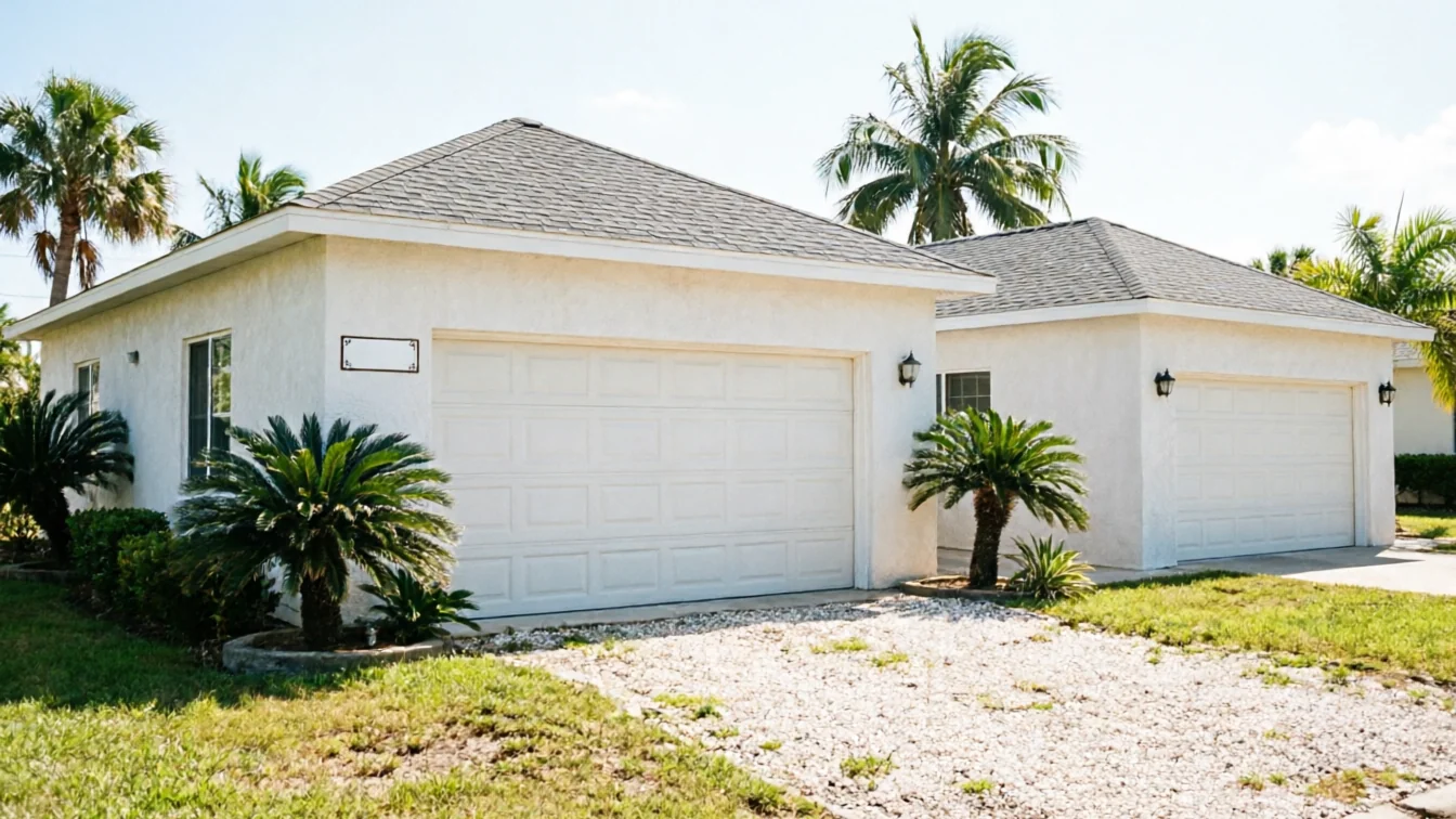 Two white garage doors are on two white houses with palm trees.