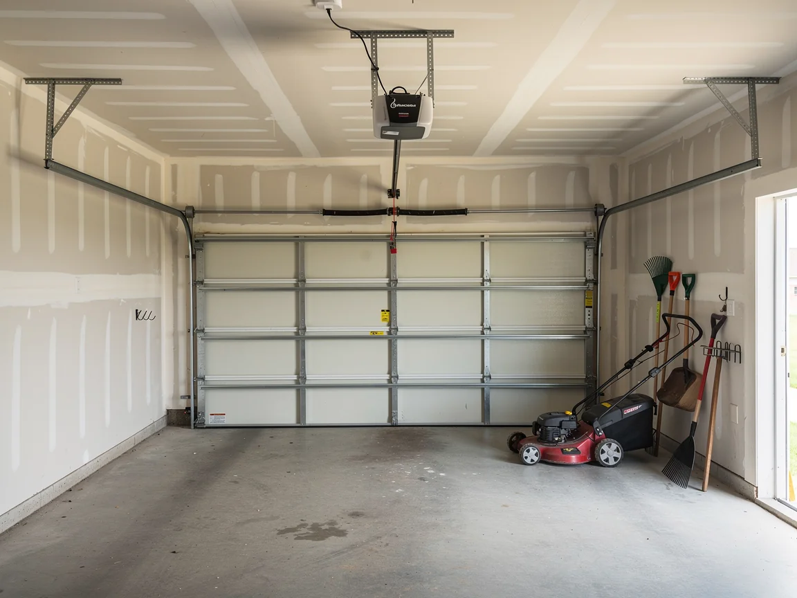 A garage door is closed, with an opener and tracks visible.