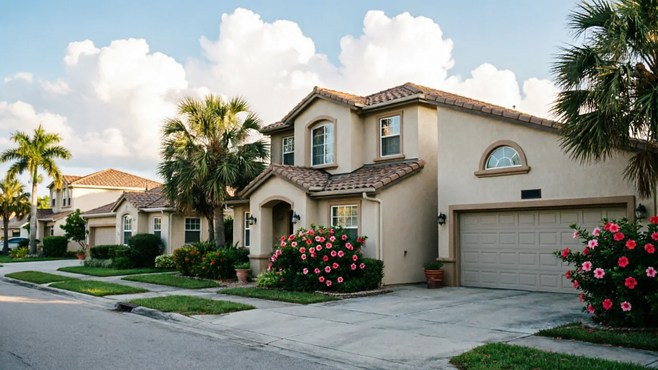 The house has a closed beige garage door, palm trees, and pink flowers.